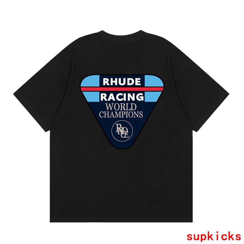 Front view of Rhude luxury clothing with signature branding