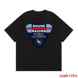 Front view of Rhude luxury clothing with signature branding