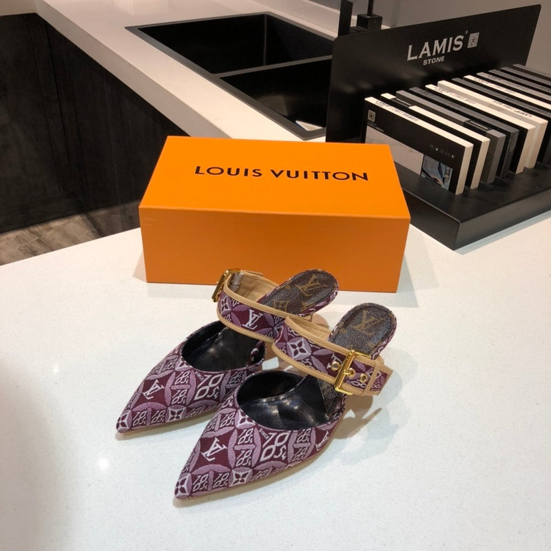 Louis Vuitton Burgundy Ankle Strap Heels - Angled View