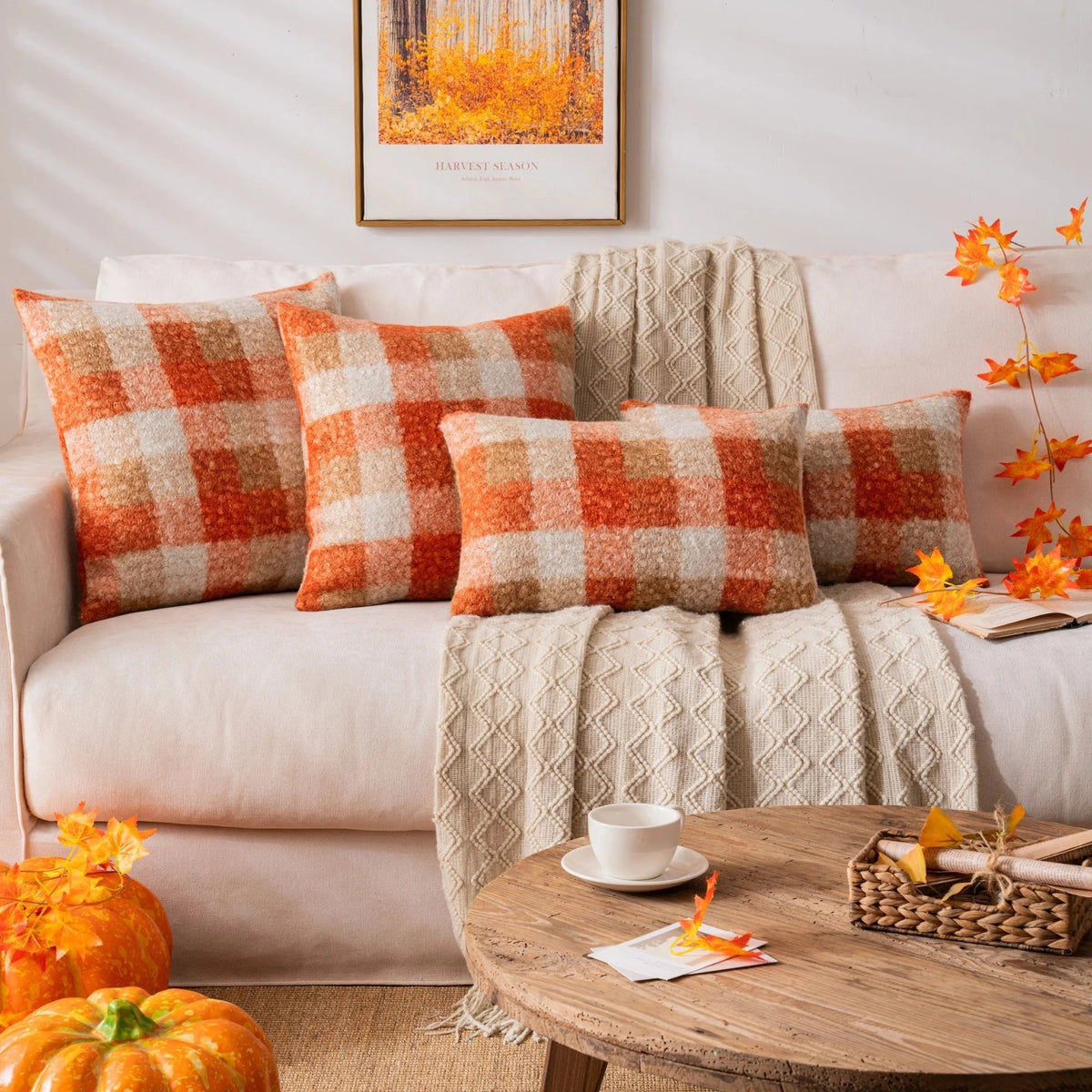 Orange Plaid Fall Throw Pillow Covers Set of 2