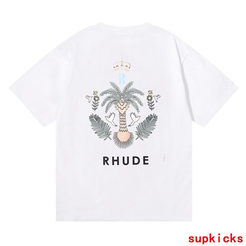 Close-up detail shot of Rhude luxury clothing with label-forward styling