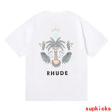 Close-up detail shot of Rhude luxury clothing with label-forward styling