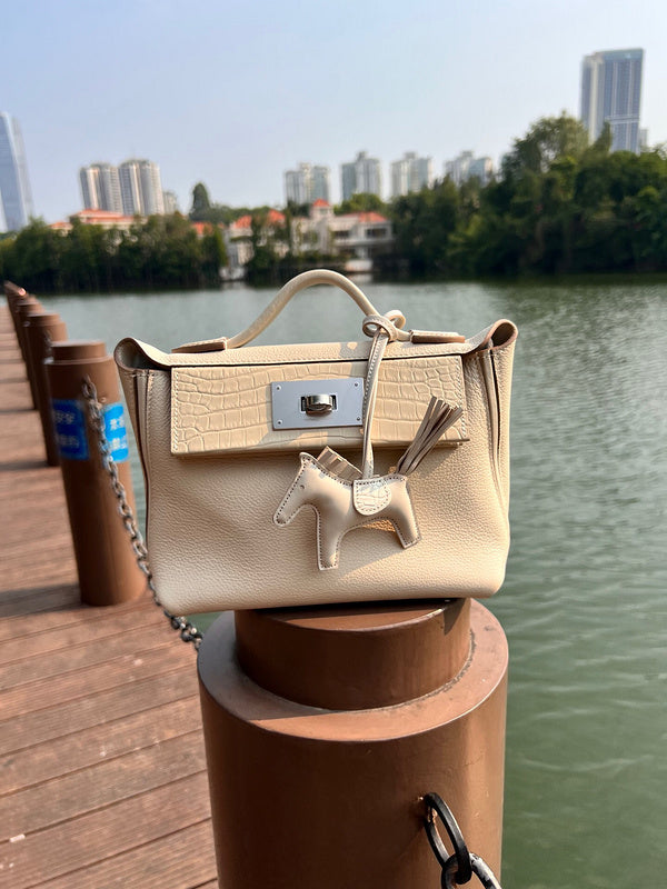 Side view of contemporary structured handbag