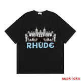 Side profile of Rhude luxury clothing with logo-detail design