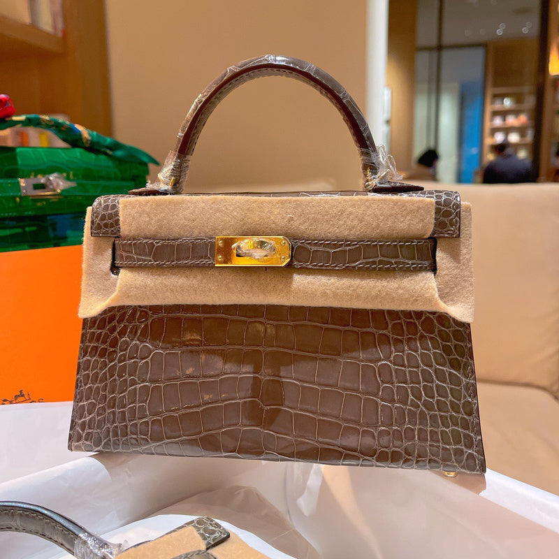 Side view of understated structured handbag