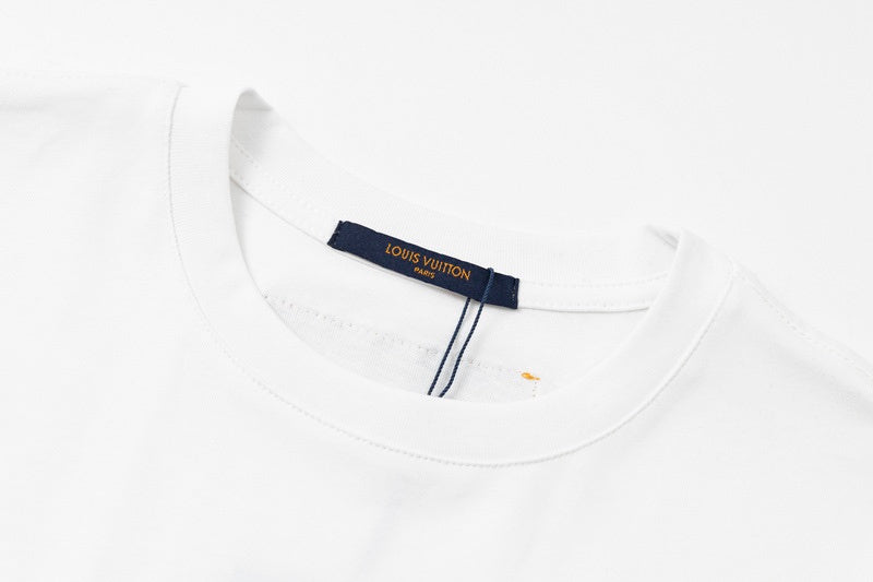 Close-up detail shot of Louis Vuitton cotton t-shirt with logo-detail design