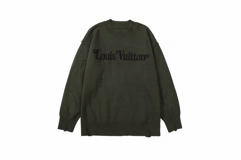 Close-up detail shot of Louis Vuitton luxury clothing with label-forward styling