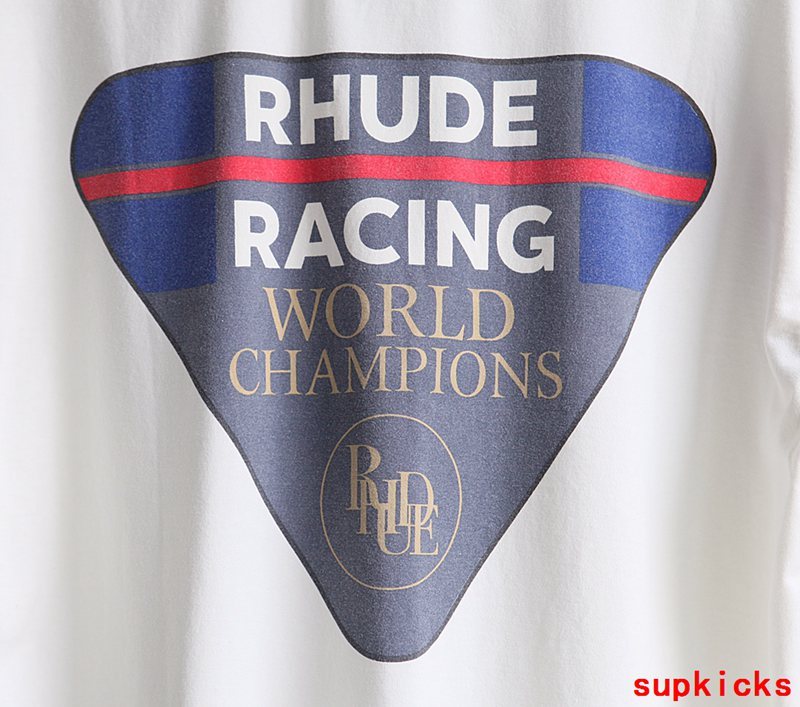 Front view of Rhude luxury clothing with monogram-inspired silhouette