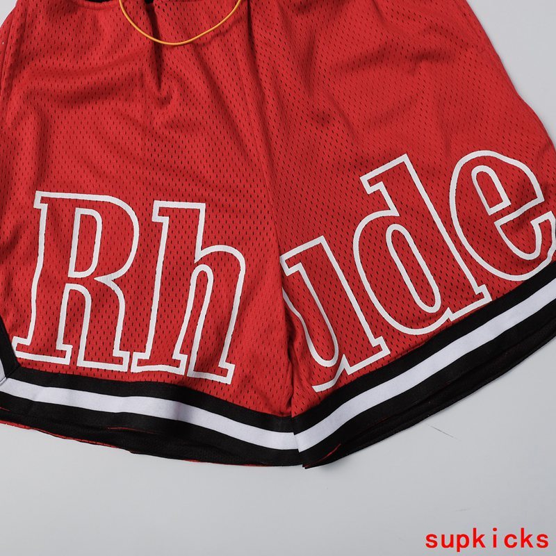 Close-up detail shot of Rhude luxury clothing with logo-detail design