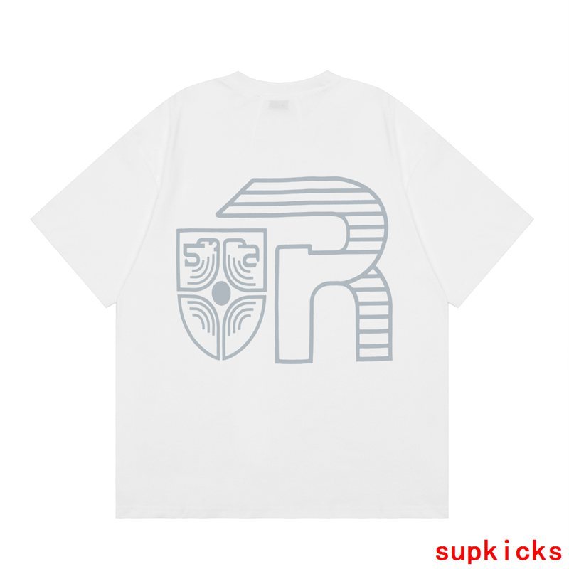 Flat lay presentation of Rhude luxury clothing with logo-detail design