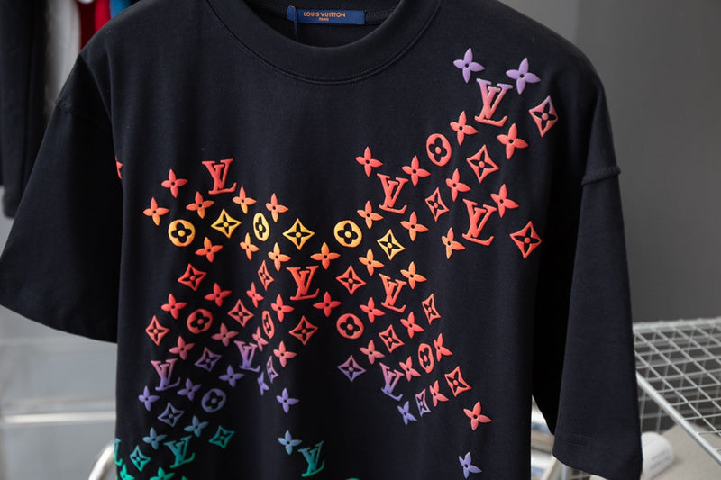 Close-up detail shot of Louis Vuitton cotton t-shirt with signature branding