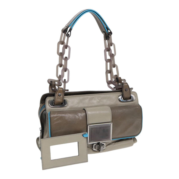Balenciaga Turn Lock Chain Shoulder Bag Leather Beige Gray Silver — Designer Shoulder Bag