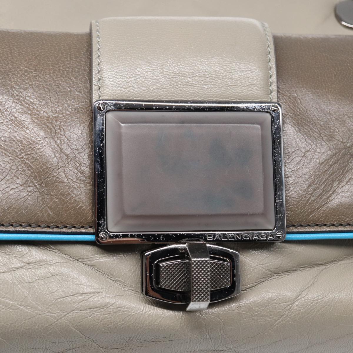 Balenciaga Turn Lock Chain Shoulder Bag Leather Beige Gray Silver — Designer Shoulder Bag