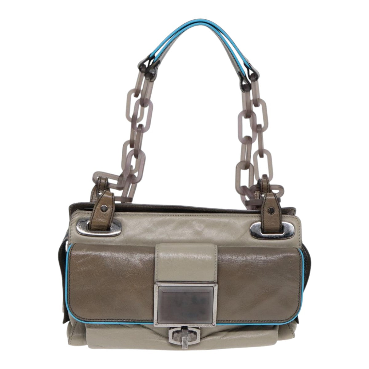 Balenciaga Turn Lock Chain Shoulder Bag Leather Beige Gray Silver — Designer Shoulder Bag
