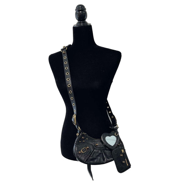 Balenciaga - XS Shoulder Bag Crocodile Embossed Black Studded Shoulder Bag NEW — Designer Shoulder Bag
