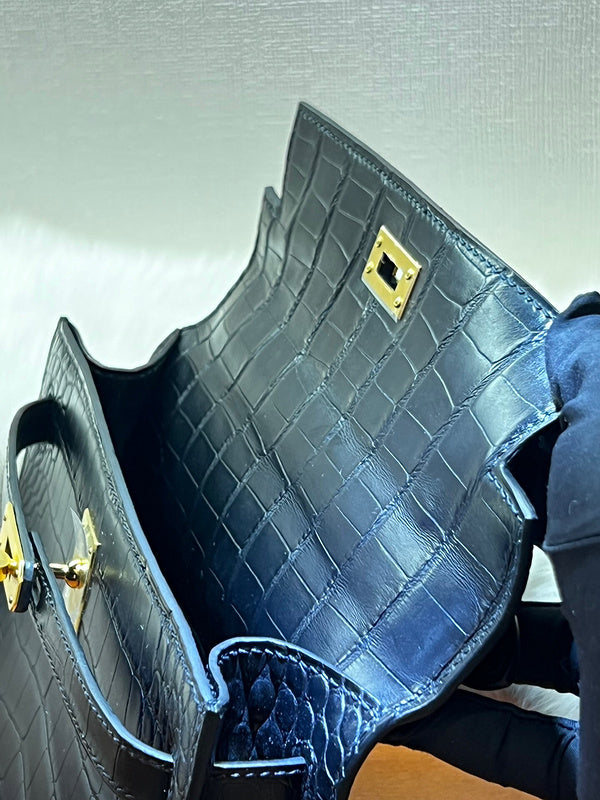 Side view of considered structured handbag