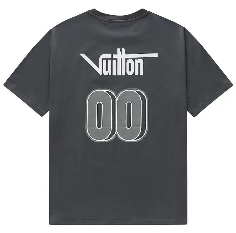 Close-up detail shot of Louis Vuitton cotton t-shirt with logo-detail design