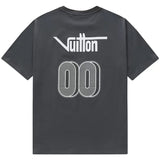 Close-up detail shot of Louis Vuitton cotton t-shirt with logo-detail design