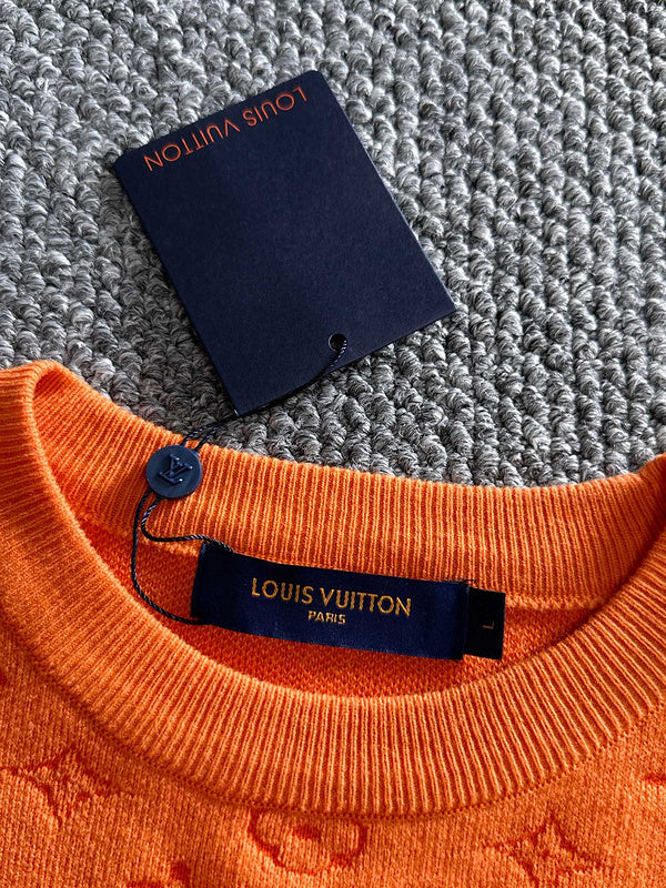 Front view of Louis Vuitton luxury clothing with label-forward styling