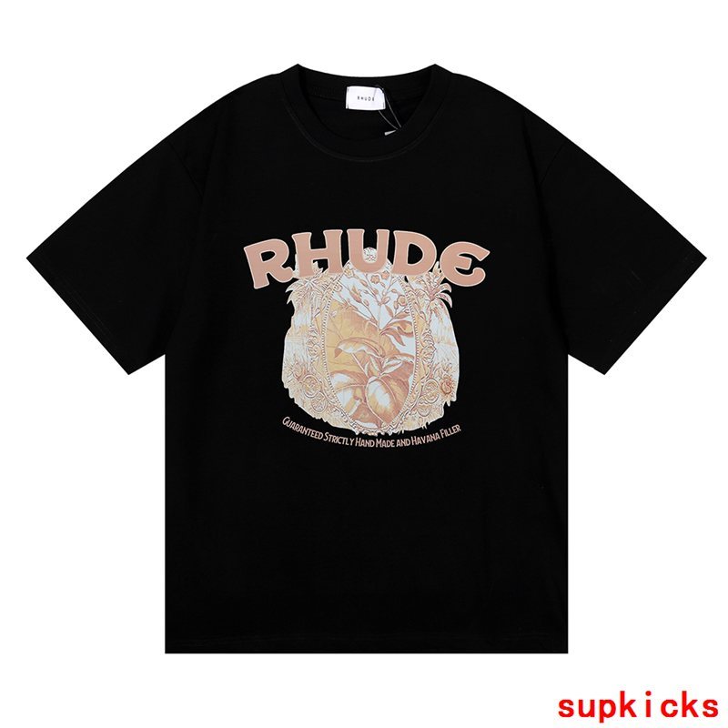 Side profile of Rhude luxury clothing with label-forward styling