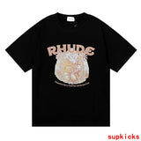Side profile of Rhude luxury clothing with label-forward styling