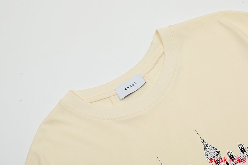 Close-up detail shot of Rhude luxury clothing with logo-detail design