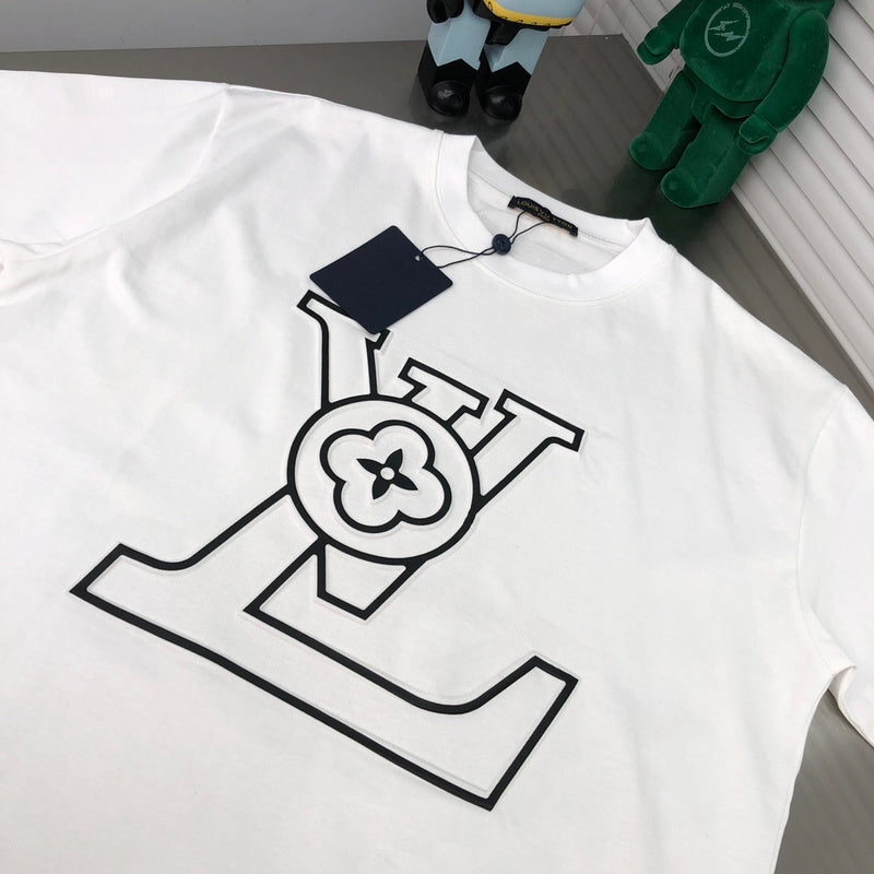 Close-up detail shot of Louis Vuitton cotton t-shirt with signature branding