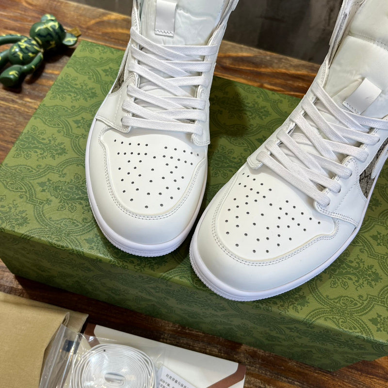 Side profile of Gucci two-tone sneakers signature lace-up style