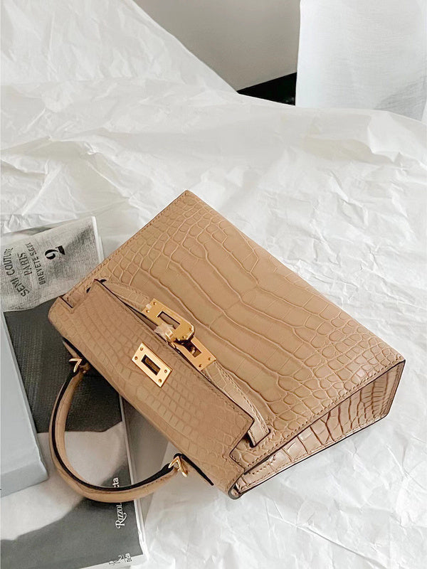 Side view of structured structured handbag