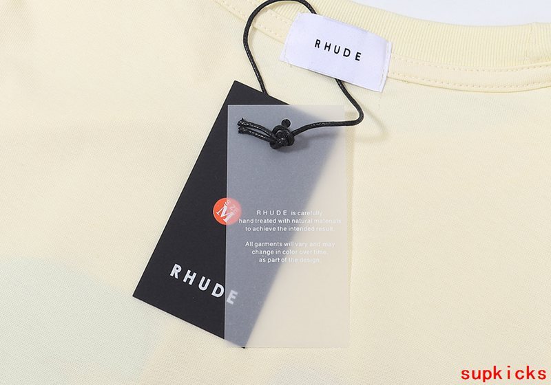 Close-up detail shot of Rhude luxury clothing with contemporary cut