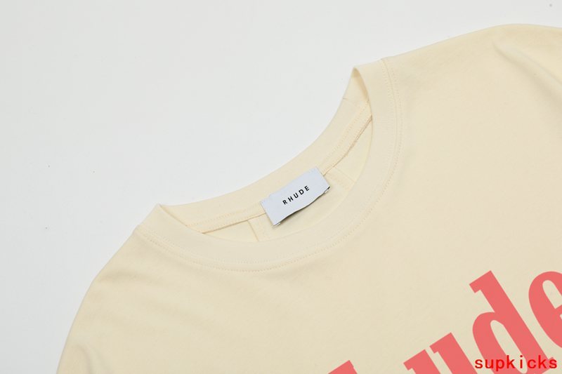 Close-up detail shot of Rhude luxury clothing with contemporary cut