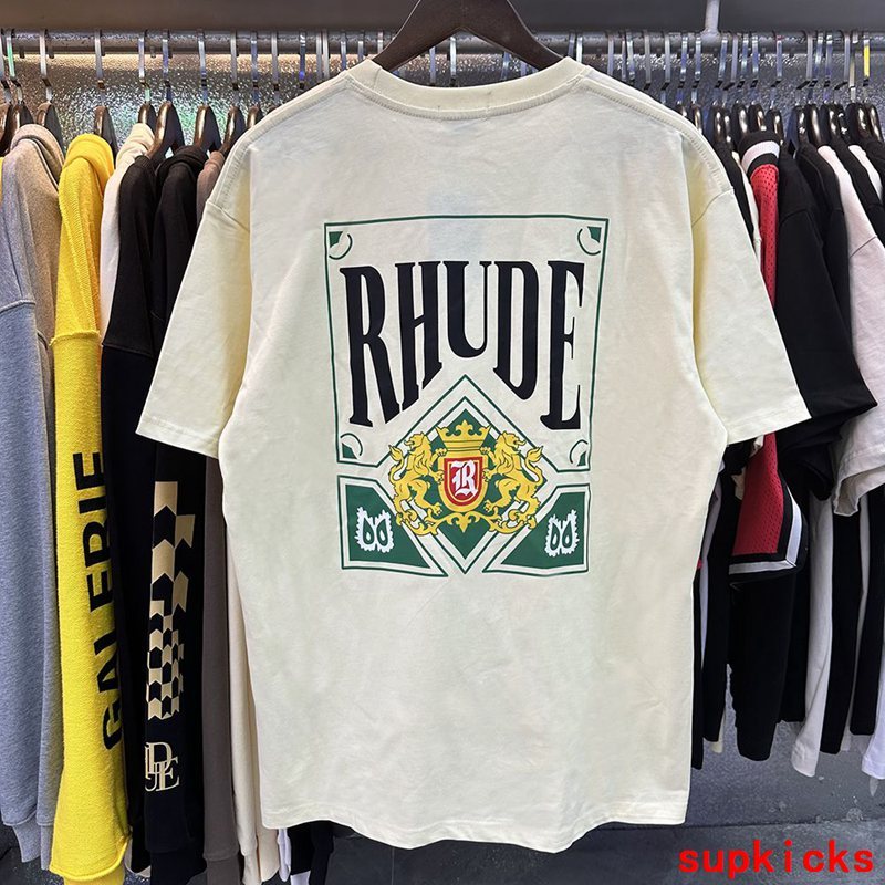 Close-up detail shot of Rhude luxury clothing with relaxed-fit cut