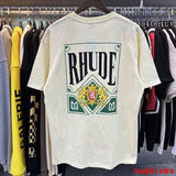 Close-up detail shot of Rhude luxury clothing with relaxed-fit cut