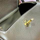 Side view of elegant structured handbag