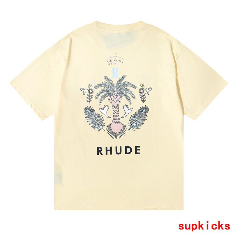 Side profile of Rhude luxury clothing with label-forward styling
