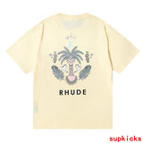 Side profile of Rhude luxury clothing with label-forward styling