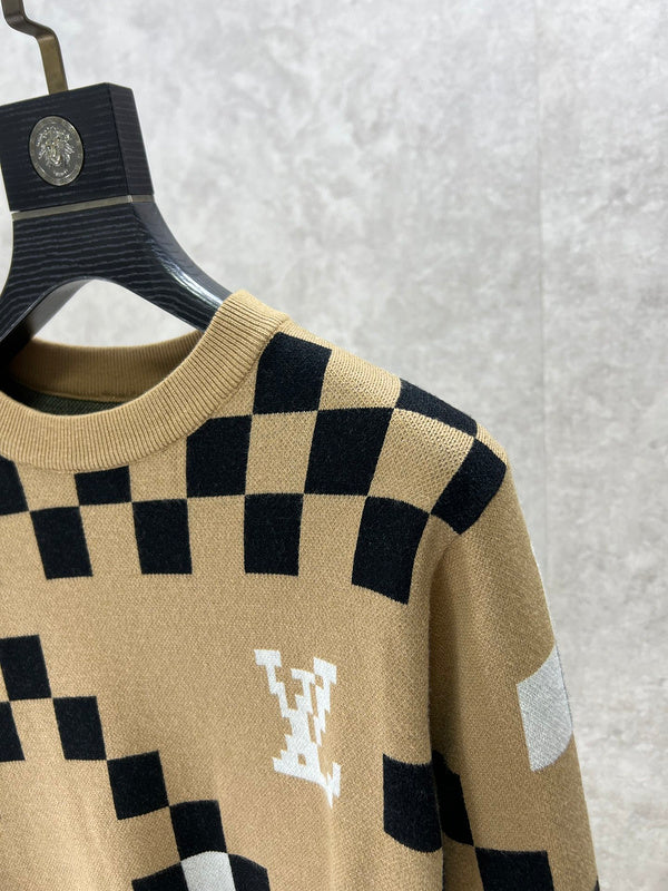 Full styled look of Louis Vuitton luxury clothing with logo-detail design