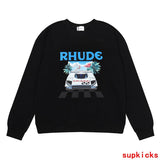 Side profile of Rhude luxury clothing with everyday silhouette