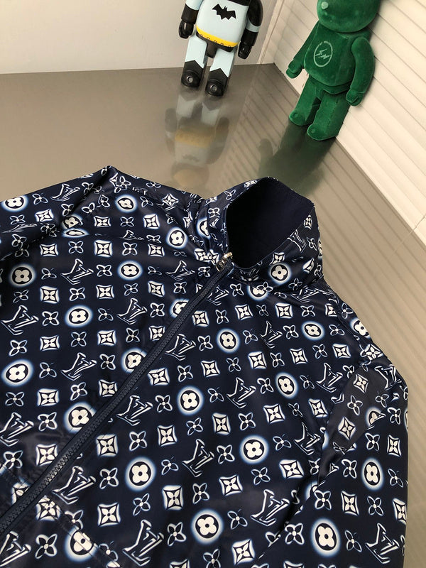 Close-up detail shot of Louis Vuitton luxury clothing with signature branding