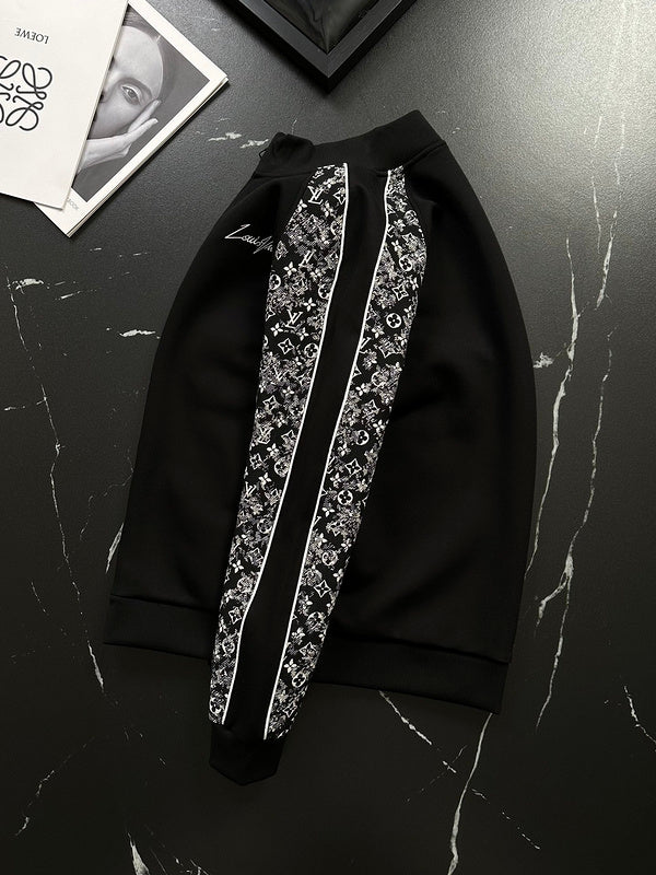 Close-up detail shot of Louis Vuitton luxury clothing with label-forward styling