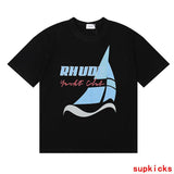 Side profile of Rhude luxury clothing with relaxed-fit cut