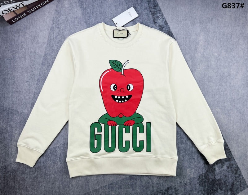 Front view of Gucci luxury clothing with signature branding