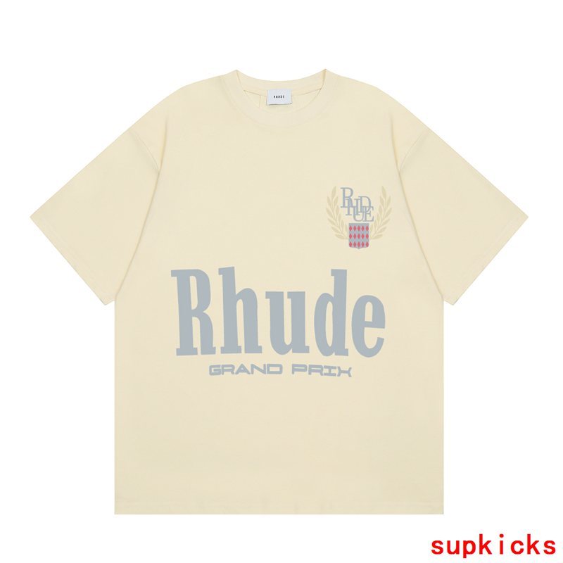 Back view of Rhude luxury clothing with signature branding