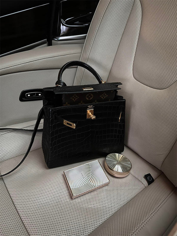 Side view of sleek structured handbag