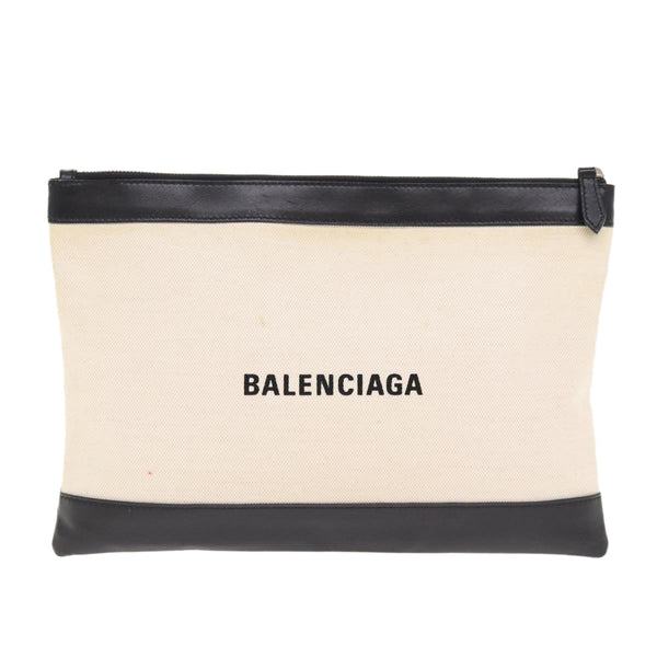 Balenciaga Clip M Clutch Bag Canvas Leather Beige Silver 373834 — Designer Clutch Bag