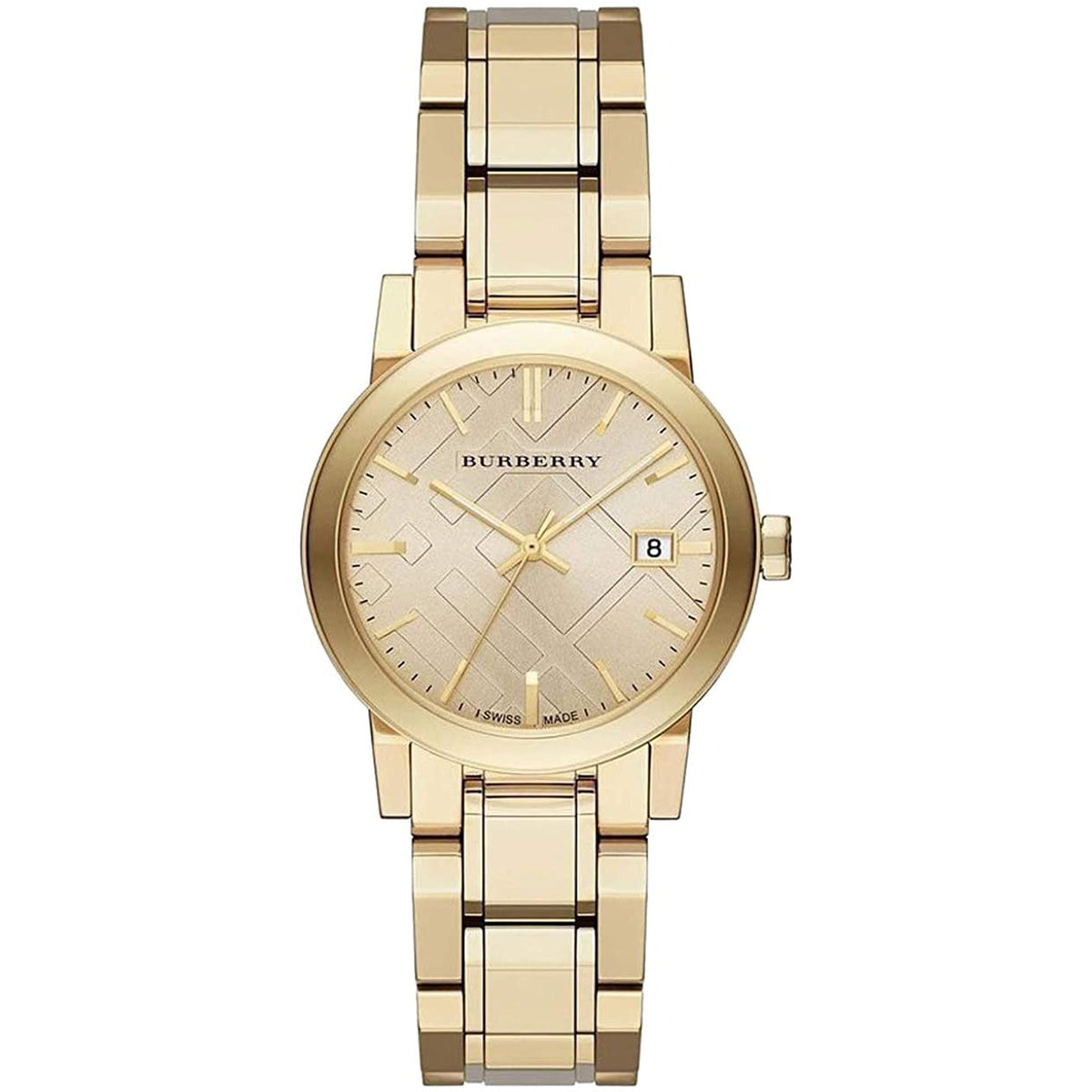 Close-up detail view of Burberry women's gold watch