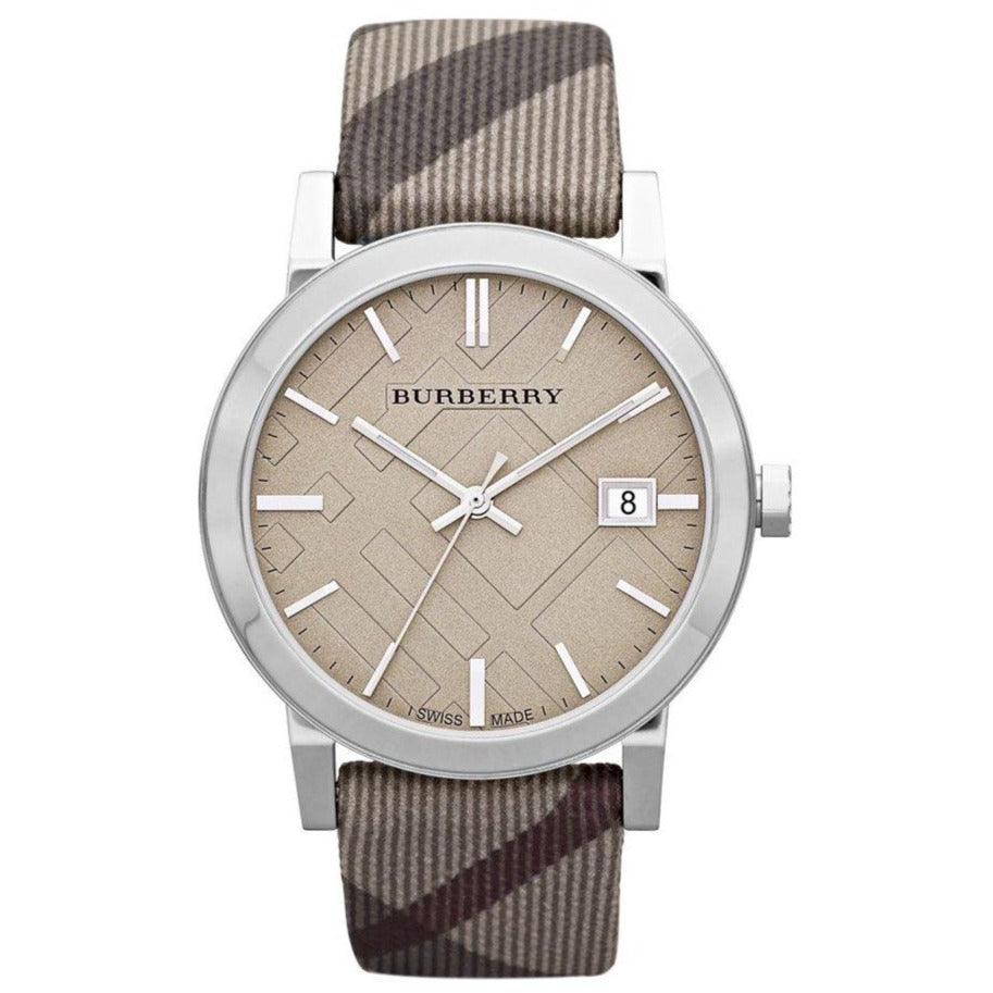 Close-up detail view of Burberry women's watch