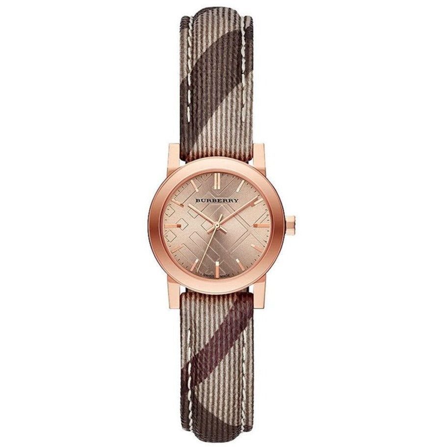 Front view of Burberry women's rose gold watch