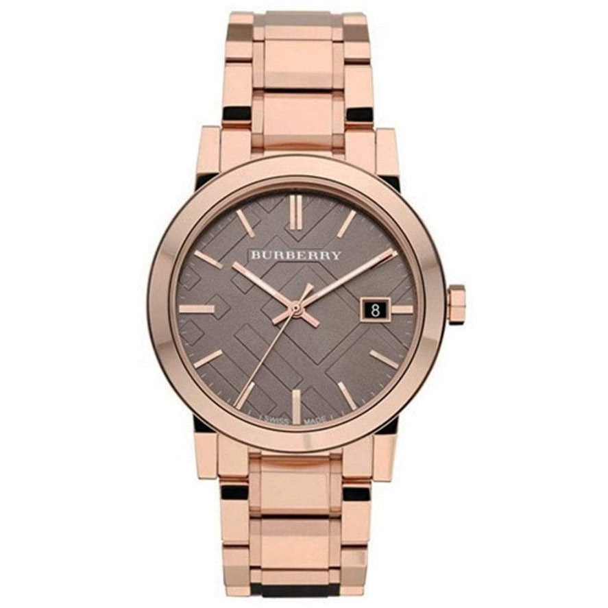 Front view of Burberry women's rose gold watch