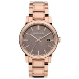 Front view of Burberry women's rose gold watch